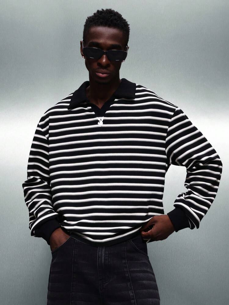 PLAYBOY X SUMWON Regular Fit Long Sleeve Horizontal Striped Polo Shirt With Collar For Casual Work Office Business Classic Menswear Style