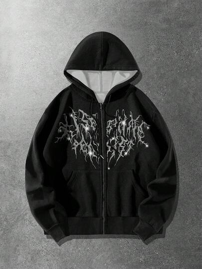 Street Life Men's Shiny Diamond Digital Print Zip-Up Hoodie Sweatshirt