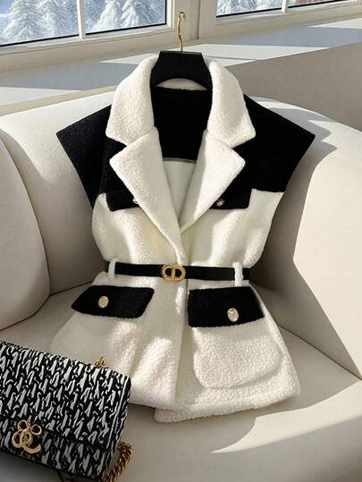 SHEIN PETITE 黑白撞色金属扣腰带无袖夹克