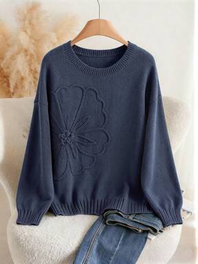 Franclia Plus Size Women Casual Solid Color Sweater, Fashion Embroidered Pullover Top, Versatile For Commuting, Autumn/Winter Pullover For Women Cute Sweater Women Sweater Blue Sweater Sweater Tops