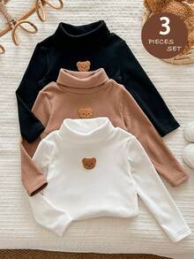 LMoss Kids LMoss 3件套女婴针织纯色领熊装饰休闲上衣套装，舒适秋冬款式，长袖上衣，女婴服装，冬季服装，秋季上衣，白色上衣 - 彩色 - 查看 6