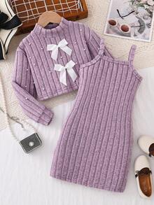 Young Girl' Brown Fuzzy Turtleneck Long Sleeve Top With Pearl Embellishments, Paired With Suspender Skirt Dress, Cute, Elegant And Versatile For Everyday Or Occasion Wear - Purple - View 5
