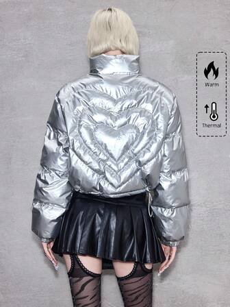 ROMWE Avant Women's Y3k Quilted Heart Cropped Silver Padded Coat