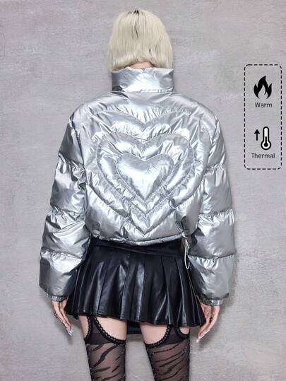 ROMWE Avant Women's Y3k Quilted Heart Cropped Silver Padded Coat