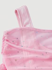 SHEIN MOD Women's Sequin Shoulder Solid Color Ruched Flare Sleeve Long Sleeve T-Shirt - Pink - View 3