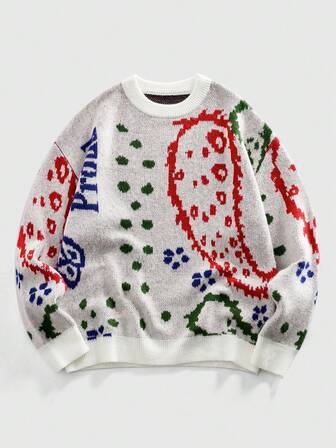 Pull col rond homme en tricot jacquard multicolore, style streetwear