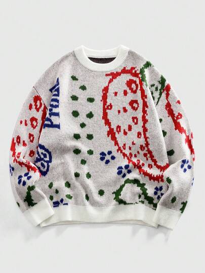 Maglione girocollo da uomo in maglia jacquard multicolore, stile streetwear