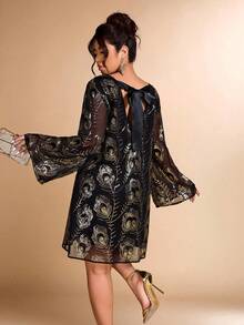 Cravure Plus Size Women's Sequin, Feather & Bowknot Decor A-Line Mini Dress, Suitable For Dates, Parties, Gatherings - Multicolor - View 5