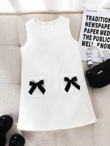 Elladie kids Young Girls Elegant, Sweet & Cute Black Bow Decor Pocket Sleeveless Simple Casual White Dress - White - View 5