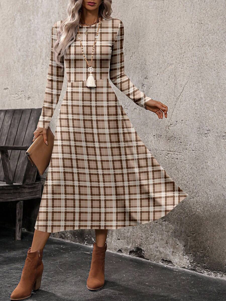 SHEIN LUNE 女式格子圆领长袖优雅中长连衣裙 - 彩色 - 查看 1