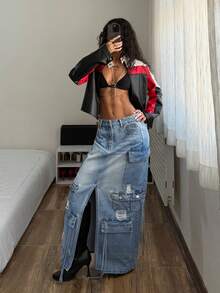 SHEIN 女士时尚破洞牛仔工装裙