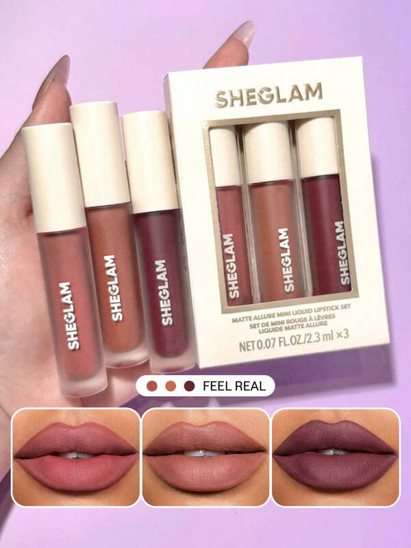 SHEGLAM Matte Allure Mini Liquid Lipstick Set-Feel Real 3 Pcs/Set Long Lasting Lipstick Nourishing Sunflower Oil Reduce Lip Fine Lines Liquid Lipstick Travel Set Brand Beauty Makeup Face Paint Cosmetic For Women Girls Perfect For Fall Winter Ideal For Y2K Fancy Fashion Suitable For Birthday Christmas Present Party Ready Best Color