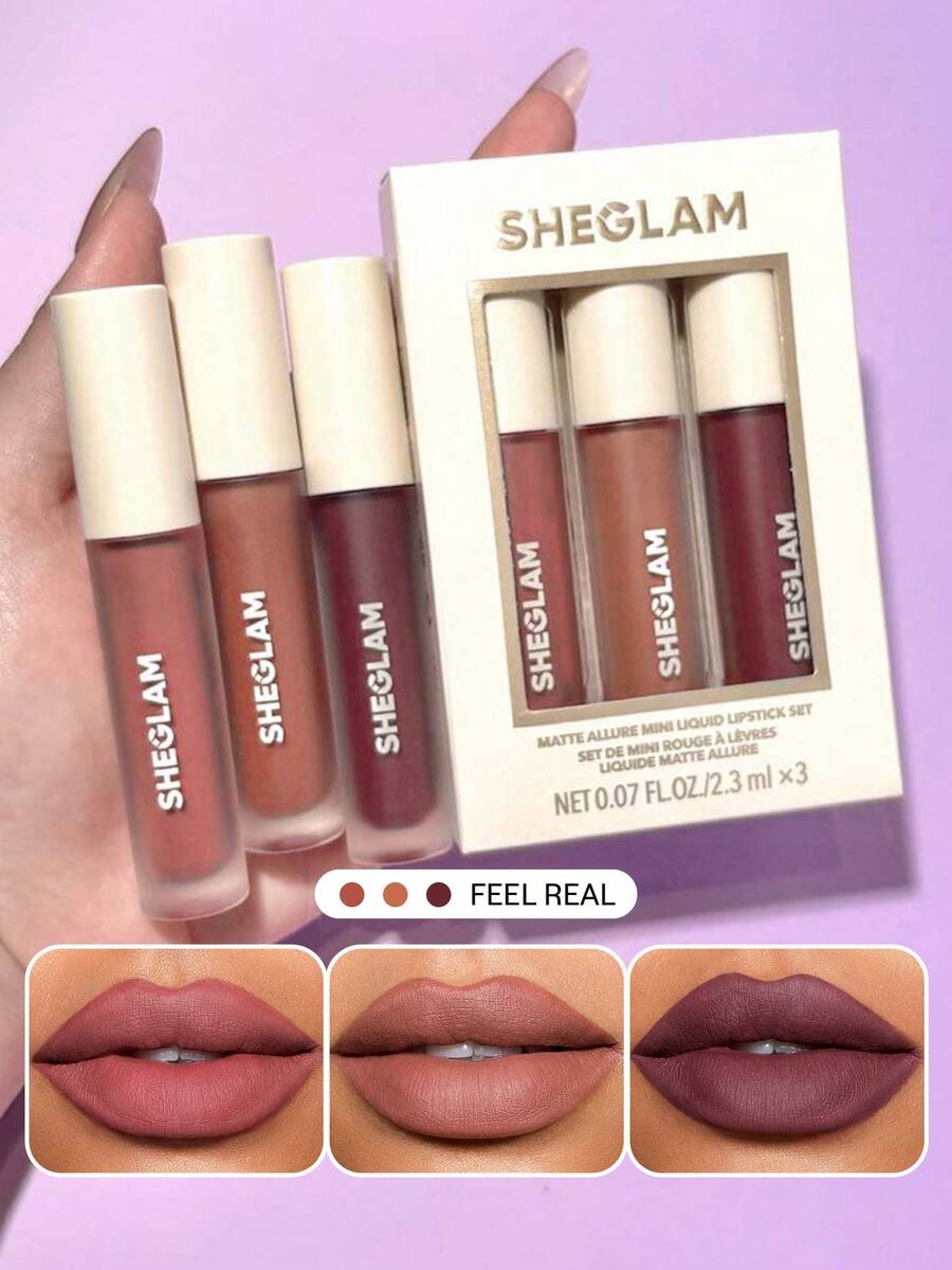 SHEGLAM Matte Allure Mini Liquid Lipstick Set-Feel Real 3 Pcs/Set Long Lasting Lipstick Nourishing Sunflower Oil Reduce Lip Fine Lines Liquid Lipstick Travel Set Brand Beauty Makeup Face Paint Cosmetic For Women Girls Perfect For Fall Winter Ideal For Y2K Fancy Fashion Suitable For Birthday Christmas Present Party Ready Best Color
