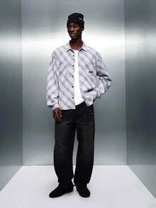 PLAYBOY X SUMWON Men's Regular Fit Long Sleeve Button Down Shirt With Plaid Pattern And Embroidered Script Back Detail - Grey - View 8