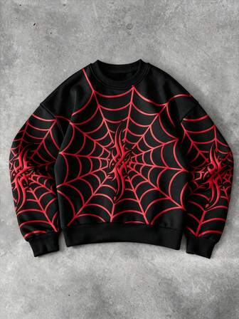 Manfinity Roghcode Young Men's Street Style Spider Web Graphic Print Loose Fit Crew Neck Long Sleeve Sweatshirt Goth Sweatshirt Hip Hop Spider Web SweatshirtHalloween Sweatshirt Hip Hop Spider SweatshirtSpider Sweatshirter Spider Jacket Miles Morales Shirt