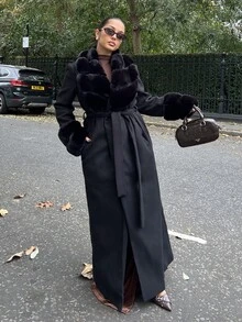 NegzBox 女士纯色蓬松披肩领长袖长款优雅羊毛混纺大衣，复古大衣冬秋女装万圣节风情女装演唱会服装冬季女装皮草大衣时尚保暖，适合聚会和外出 - 黑色 - 查看 2