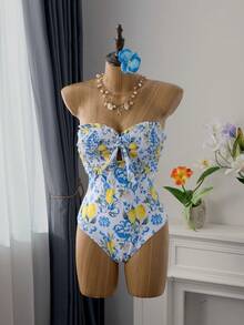 Bellisia Women's Ruffled Lemon Floral Sweet Cute Detachable Strap One Piece Swimsuit For Vacation Strapless Flower Swimsuit Hawaiian Bathing Suit Retro Swim Suit Vintage Swimsuits For Woman Beach Outfits For Women Women's Beach Fashion - Multicolor - View 1