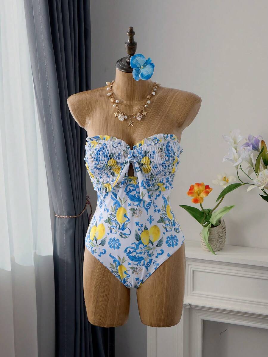 Bellisia Women's Ruffled Lemon Floral Sweet Cute Detachable Strap One Piece Swimsuit For Vacation Strapless Flower Swimsuit Hawaiian Bathing Suit Retro Swim Suit Vintage Swimsuits For Woman Beach Outfits For Women Women's Beach Fashion - Multicolor - View 1