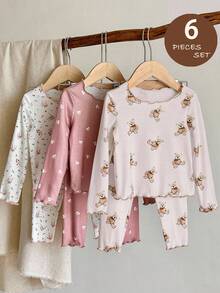 LMoss Kids 2件套女婴针织花卉小熊图案荷叶边领休闲T恤和裤子家居服套装 - 彩色 - 查看 3