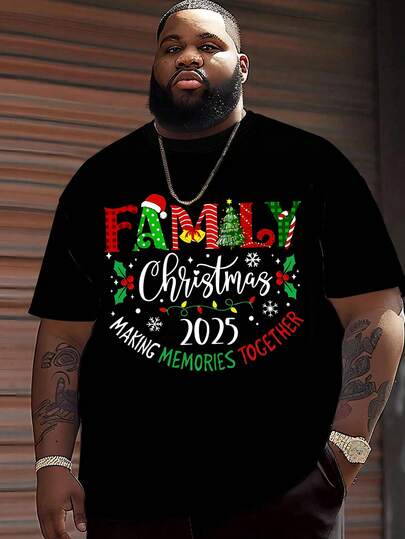 Manfinity Camiseta de manga corta con cuello redondo y estampado navideño para hombres de talla grande