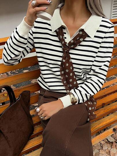 DAZY Striped Polo Neck Long Sleeve Casual & Formal Knit Top For Women, Autumn/Winter
