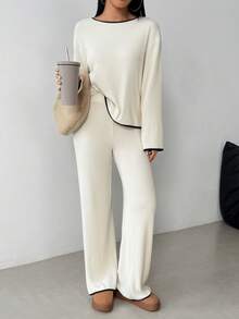 INAWLY 2 件套女士优雅休闲罗纹针织蝴蝶结领长袖上衣和直筒裤套装，秋冬 - 杏色 - 查看 5