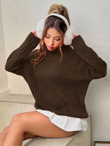SHEIN EZwear 女士休闲高领落肩咖啡棕色毛衣，冬季针织套头衫 - 咖啡棕 - 查看 3