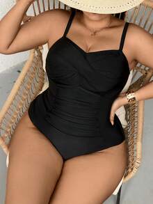 SHEIN CURVE+ Plus Size Women's Black Crossover Ruched Front One-Piece Swimsuit, Suitable For Beach & Resort