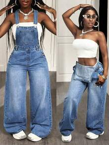 Slaydiva Plus Size Casual Denim Jumpsuit, Stylish And Relaxed - Light Wash - View 1