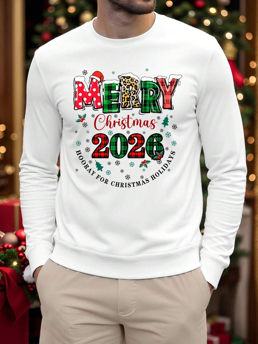 Manfinity Homme 男士白色 2026 新年聖誕快樂圖案印花保暖內裡圓領運動衫,休閒秋季家庭/情侶搭配,修身版型 - 白色 - 查看 1