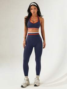 Dewbera 女士撞色露背运动套装 - 藏蓝色 - 查看 6