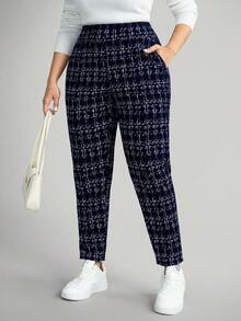 Comfylo 大码女式波点印花休闲裤，带口袋和侧开衩，适合度假、新年、冬季、情人节、商务休闲等场合。 - 藏蓝色 - 查看 6