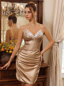 Glamine Charm Women's Spaghetti Strap Metallic Bustier Bodycon Mini Dress - Gold - View 4