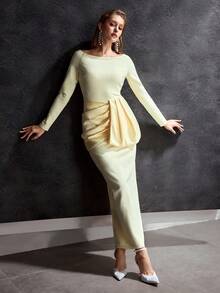 MOTF Soiréza 女士修身优雅廓形船领长袖舞会礼服 - 黃色 - 查看 6