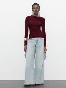 Maija Women's Asymmetric Design Metal Decor Versatile Crew Neck Long Sleeve Top, Suitable For Spring/Summer, Modern Urban Style, Office Wear, Business Casual, Party, Date, Elegant Solid Color Tops Womens Long Sleeve Tops - Burgundy - View 2