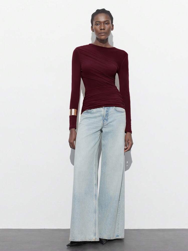 SHEIN Maija Blusa de manga larga con cuello redondo, diseño asimétrico y decoración metálica, versátil, apropiada para primavera/verano, estilo urbano moderno, uso en la oficina, casual de negocios, fiestas, citas, unicolor elegante