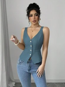 Elenzga Sommer Lässig Pendler einfarbiges Vorderseiten-Knopf Trägerhemd