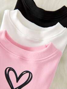 Young Girls Fleece Base Layer 3-Piece Set - Black White Pink Heart Print Long Sleeve Tops Round Neck Slim Fit Scalloped Edge Design Simple Heart Pattern Thick Fleece Warm Fabric Social Media Style Minimalist Healing Autumn Winter Holiday Essential Baby Girls Undershirt Base Layer Set Kids Clothes Girls - Multicolor - View 3