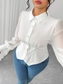 Elenzga Plus Size Women Pearl Button Decor Long Sleeve Elegant Blouse, Office/Commute Wear Fall - White - View 7