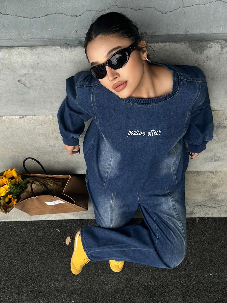 Livesso Curve 两件套水洗蓝色字母刺绣宽松长袖上衣和裤子加大码女式牛仔套装,春秋季 - 中等水洗藍 - 查看 1