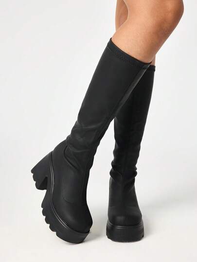 Women's Gothic Round Toe Thick Heel Breathable Mesh Elastic Boots, Outdoor Fashion Slip-On Over-The-Knee Boots, Spring/Autumn New Arrival