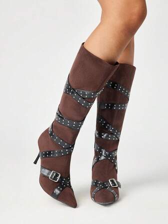 Grunge Punk Damen Neue Spitze Stiletto Absatz Nieten Overknee Stiefel, Schwarz