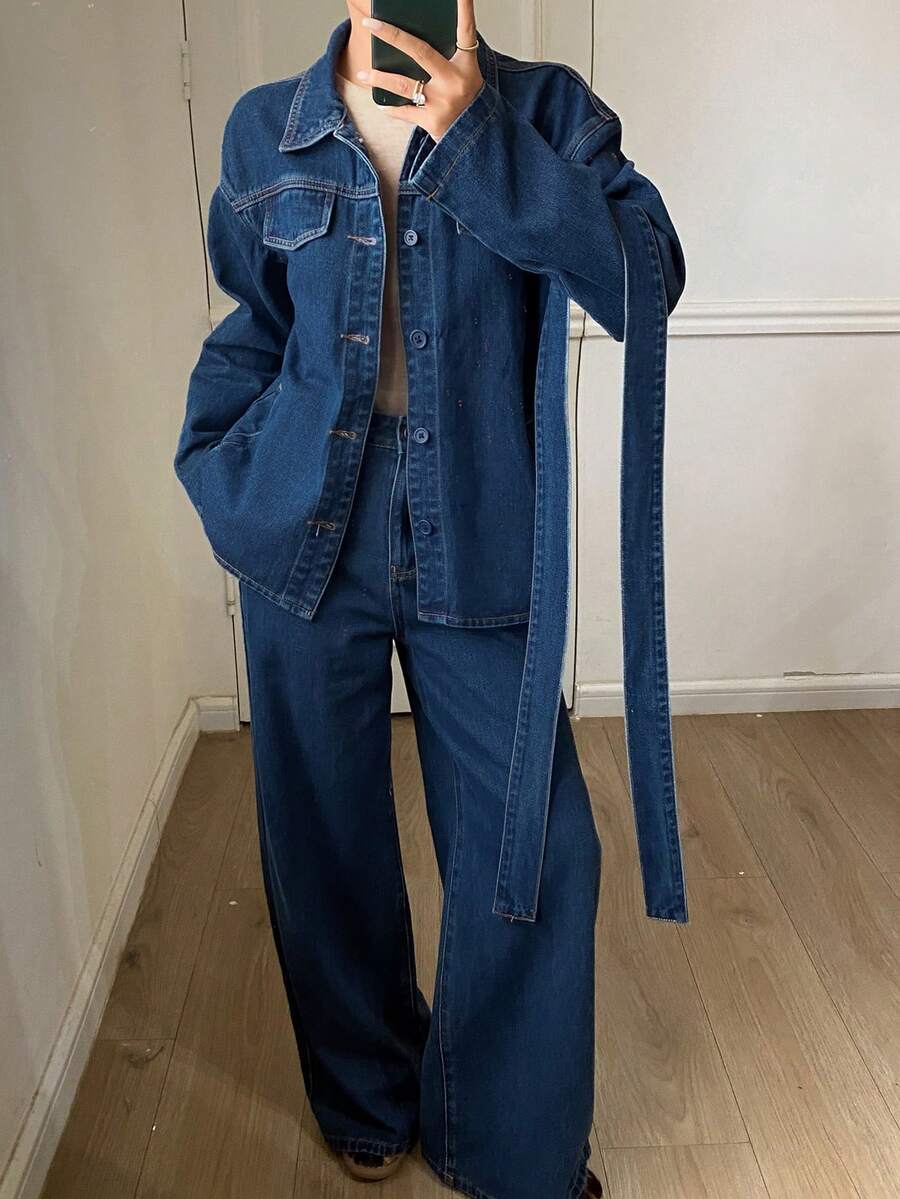 DAZY Women's Casual Washed Waist Belt Jacket And Pants Denim Suit, Autumn - Blue - View 1