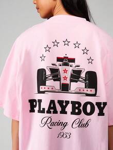 Missguided x Playboy 超大图案摩托赛车俱乐部短袖圆领棉质 T 恤，适合夏季休闲街头服饰 - 粉色 - 查看 4