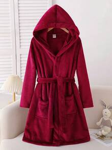 女童优雅甜美法兰绒睡袍，酒红色，保暖舒适，适合温柔女孩日常穿着及居家休闲。 - 酒紅色 - 查看 3