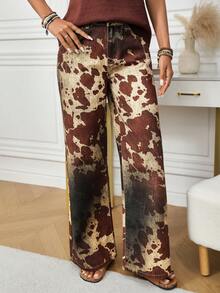 EMERY ROSE Women's Printed Casual Denim Jeans Cow Print Pants Women Wide Leg Pants Palazzo Pants Women Western Pants