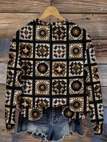 EMERY ROSE Casual Minimalist Crochet-Look Bohemian Square Print Pattern Crew Neck Loose Fit Women Sweatshirt New Year Party - Multicolor - View 2