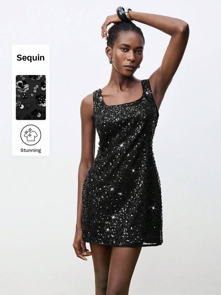 SHEIN Maija Black Sequin Floral Waist Sleeveless Women's Mini Dress, Chic Urban Party Fashion Sequin Dress Stylish Clothing Collection Sparkly Dress Summer Dresses