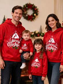 SHEIN LUNE Red And White,Autumn,Smart Casual,Festa Christmas Tree Graphic Print Plus Size Hooded Sweatshirt,Loose Fit Thick Long Sleeve Family Matching Hoodie - Red - View 1