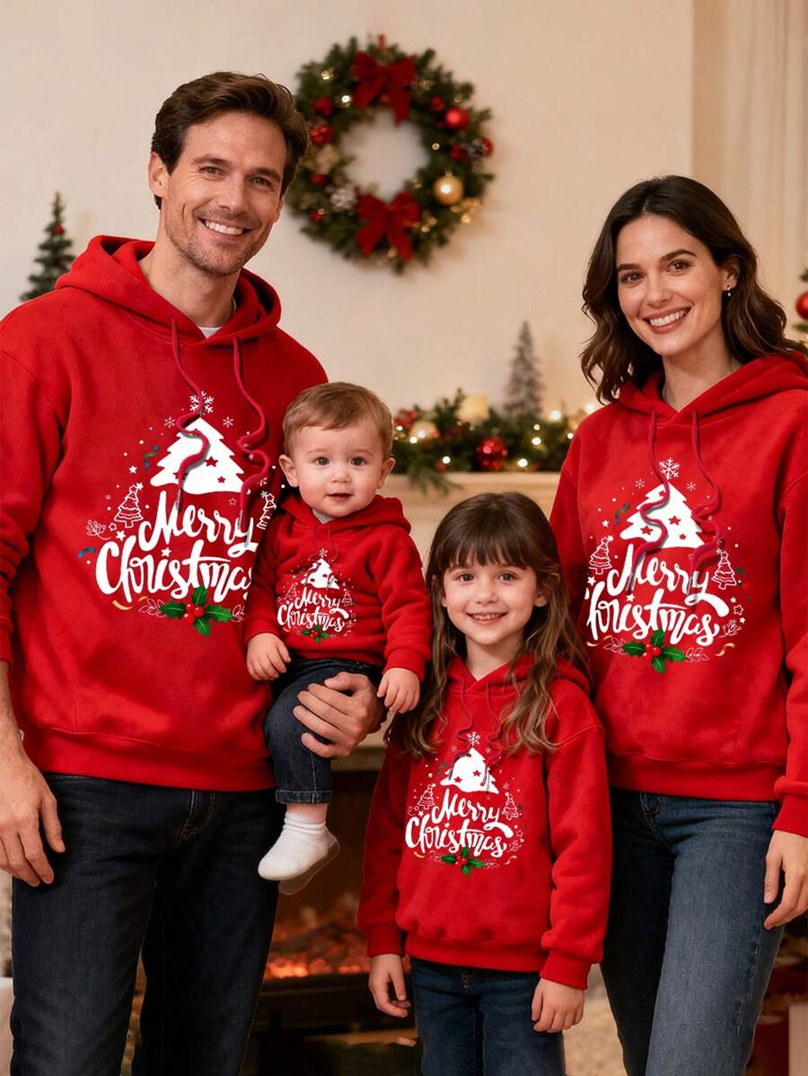 SHEIN LUNE Red And White,Autumn,Smart Casual,Festa Christmas Tree Graphic Print Plus Size Hooded Sweatshirt,Loose Fit Thick Long Sleeve Family Matching Hoodie - Red - View 1